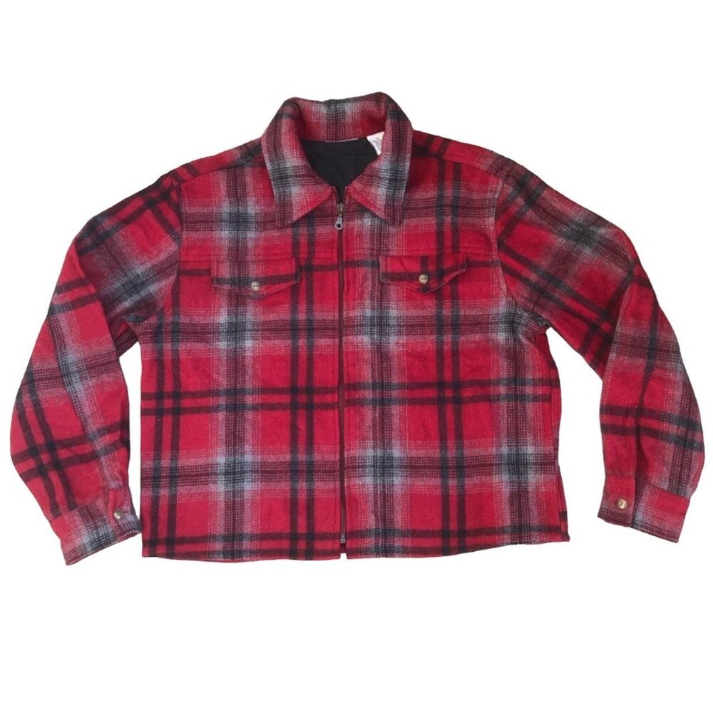 Vintage Red Black Plaid Wool Zip Up Jacket Gray Accents Lined Medium Western